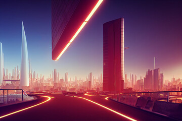 Fototapeta na wymiar city on an alien planet, extraterrestrial buildings in beautiful landscape