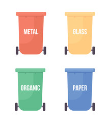 Recycling bins semi flat color vector objects set. Editable elements. Full sized items on white. Simple cartoon style illustrations pack for web graphic design and animation. Bebas Neue font used