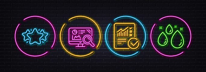 Seo analytics, Star and Checked calculation minimal line icons. Neon laser 3d lights. Water drop icons. For web, application, printing. Statistics, Favorite, Statistical data. Aqua. Vector