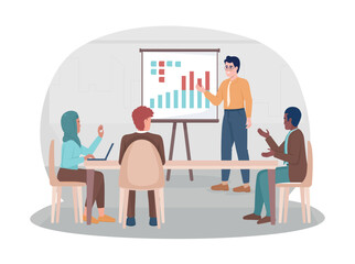 Obraz premium Business presentation 2D vector isolated illustration. Discussion about corporate strategy flat characters on cartoon background. Colorful editable scene for mobile, website, presentation