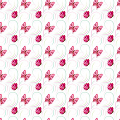 seamless background with beautiful pink butterflies on a white background