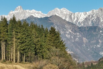 Italian mountain town Berguzzo in alps. Adamello Brenta park in itlian Alps dolomites in Trentino.