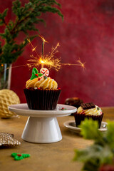 Christmas Cupcake with sparkler on cake stand, colorful burguny background. Moody lifestyle image.