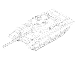 Outline of a battle tank from black lines isolated on a white background. Isometric view. 3D. Vector illustration.