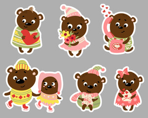 Cute valentines teddy bear stickers. St. Day Valentine. Drawn style. Vector illustration.