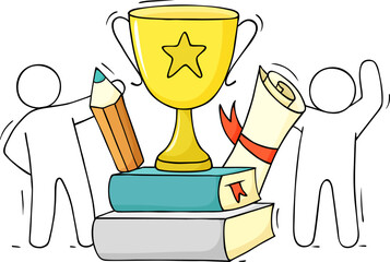 Students with school award, trophy cup on books