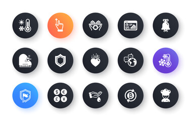 Minimal set of Seo statistics, Heart and Bell flat icons for web development. Shield, Freezing, World communication icons. Security, Refresh bitcoin, Touchscreen gesture web elements. Vector