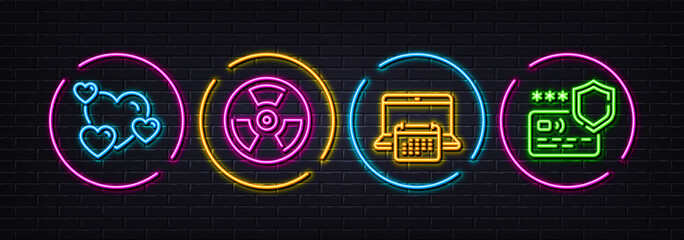 Heart, Chemical hazard and Calendar minimal line icons. Neon laser 3d lights. Payment protection icons. For web, application, printing. Love rating, Toxic, Computer schedule. Money secure. Vector