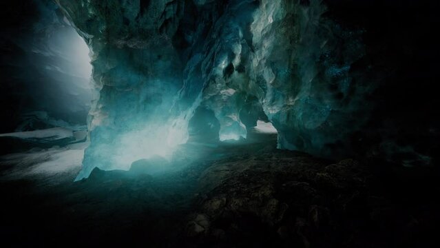 Blue crystal ice cave beneath the glacier in Iceland