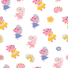 Seamless pattern with dino girls. Design for fabric, textile, wallpaper, packaging