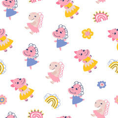 Seamless pattern with dino girls. Design for fabric, textile, wallpaper, packaging