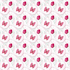 seamless background with beautiful pink butterflies on a white background