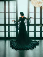 Fantasy sexy woman queen stands near window waiting for love, back rear view. fashion model....