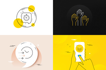 Minimal set of Shoulder strap, Voting hands and Timer line icons. Phone screen, Quote banners. Delivery time icons. For web development. Army rank, Candidate vote, Time management. Vector