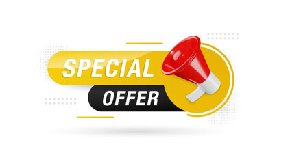 Special offer banner promotion template with 3D megaphone on white background. Special deal label design