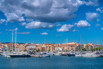 Fototapeta na wymiar Cambrils Spain yachts and boats in marina Catalonia Tarragona Province with blue Mediterranean sea and sky