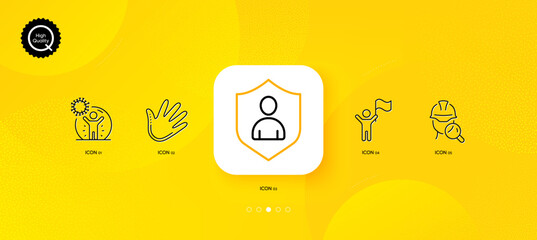 Fototapeta na wymiar Leadership, Inspect and Hand minimal line icons. Yellow abstract background. Security, Coronavirus protection icons. For web, application, printing. Winner flag, Builder review, Swipe. Vector
