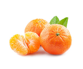 Tangerine fruits with leaves with slices mandarin on white backgrounds.