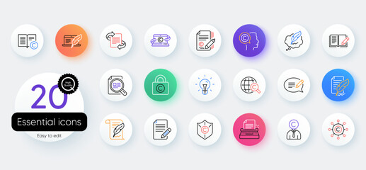 Copywriting book line icons. Bicolor outline web elements. Set of Copyright protection, Signature and Feedback icons. Typewriter, Idea and message copywriting. Vector