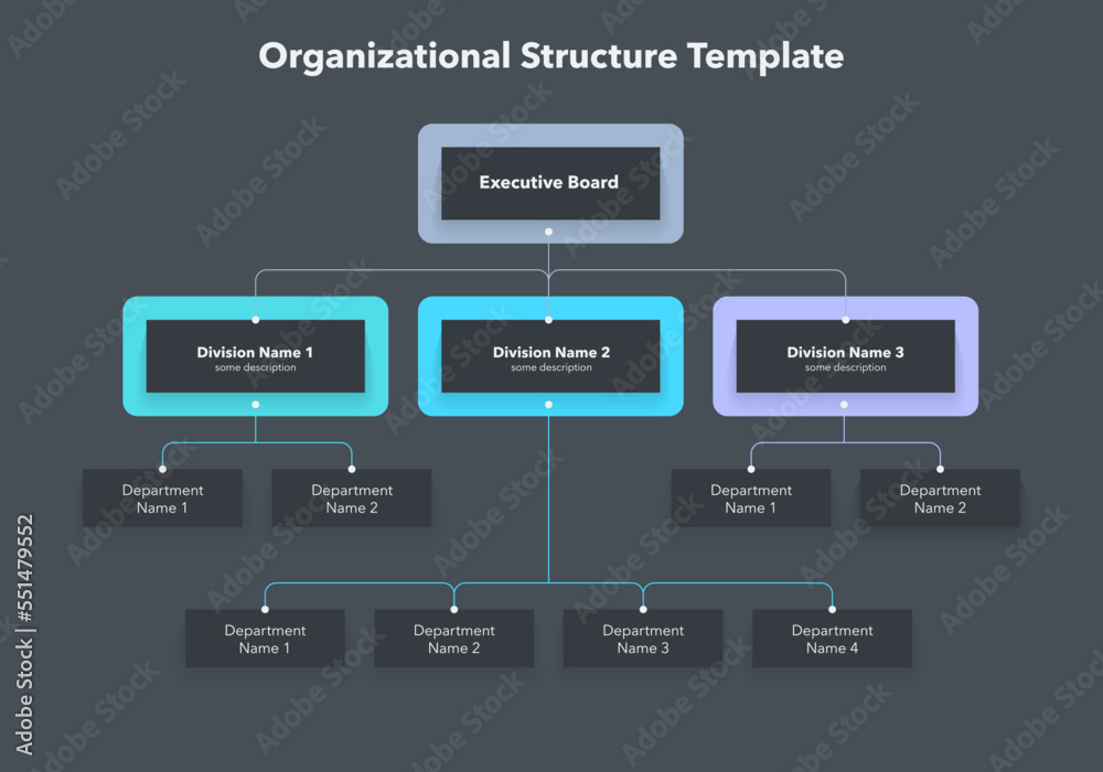 Poster Modern infographic for company organizational structure -dark version. Simple flat template for data visualization.