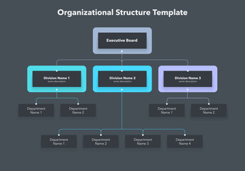 Fototapeta na wymiar Modern infographic for company organizational structure -dark version. Simple flat template for data visualization.
