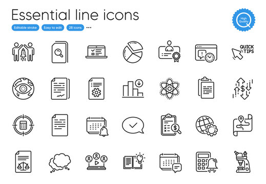 Microscope, Calculator target and Technical documentation line icons. Collection of Search files, Certificate, Pie chart icons. Speech bubble, Map, Cyber attack web elements. Vector