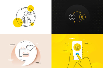 Minimal set of Currency exchange, Bitcoin atm and Food donation line icons. Phone screen, Quote banners. Vip shopping icons. For web development. Vector