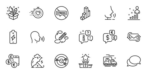 Outline set of Refresh mail, Targeting and Messenger line icons for web application. Talk, information, delivery truck outline icon. Include Currency rate, 3d chart, Stats icons. Vector