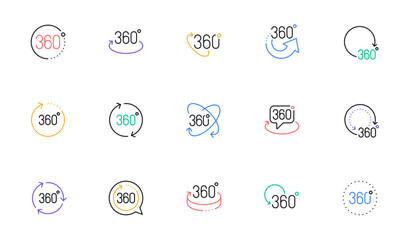 360 degrees line icons. Rotate arrow, VR panoramic simulation and augmented reality. 360 degrees virtual gaming, abstract geometry, full rotation view icons. Linear set. Vector
