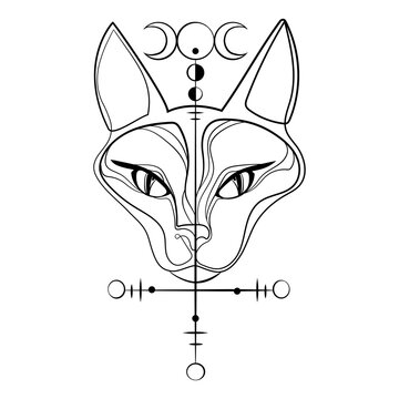 Sphinx cat head with accult symbol triune moon Logo,icon emblem template.Portrait of sphinx cat Line art drawing with mystical symbols.Tattoo idea.Design for t shirts,poster.Vector graphics