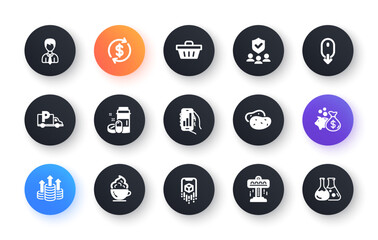 Minimal set of Shopping basket, Budget and Scroll down flat icons for web development. Security agency, Analysis app, Truck parking icons. Potato, Coffee cup, Dollar exchange web elements. Vector