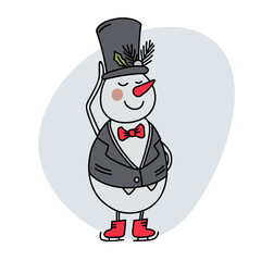 Doodle snowman in a top hat and a tailcoat.