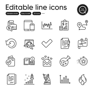 Set of Education outline icons. Contains icons as Chemistry lab, Love mail and Development plan elements. Stock analysis, Instruction info, Agreement document web signs. Diagram graph. Vector