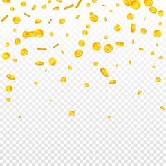 Japanese yen coins falling. Scattered gold JPY