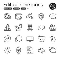 Set of Technology outline icons. Contains icons as Cloud sync, Chat message and Approved message elements. Cardio training, Employees group, Monitor web signs. Marketplace. Vector