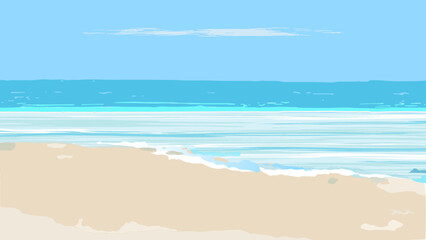 Fototapeta na wymiar Beach scenery, in light blue , turquoise, white and beige colors, realistic minimalist illustration vector 