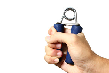 hand holding and using a hand grip isolated on a white background