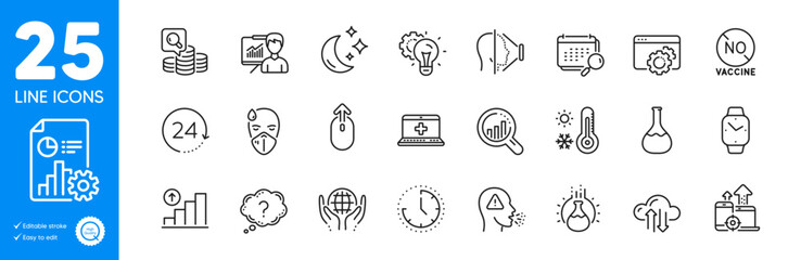 Outline icons set. Weather thermometer, 24 hours and Seo devices icons. Cough, Cloud sync, Report web elements. Face id, Chemistry experiment, Moon signs. Seo gear, Question mark, Inspect. Vector