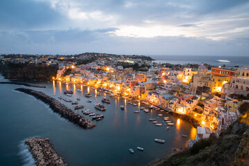beautiful italian island procida famous for its colorful marina, tiny narrow streets and many...