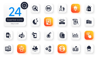 Set of Business flat icons. Communication, Lock and Discount tags elements for web application. Dry t-shirt, Brush, Arena icons. Energy, Card, Add team elements. Moon, Buildings, Growth chart. Vector