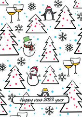 Christmas card with snowman, wine glasses, penguin, Christmas tree