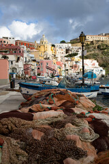 beautiful italian island procida famous for its colorful marina, tiny narrow streets and many...