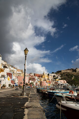 beautiful italian island procida famous for its colorful marina, tiny narrow streets and many...