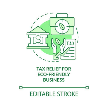 Tax relief for eco-friendly green concept icon. Encourage environmental business abstract idea thin line illustration. Isolated outline drawing. Editable stroke. Arial, Myriad Pro-Bold fonts used