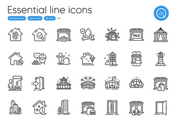 Skyscraper buildings, Sports arena and Buildings line icons. Collection of Market sale, Market, Lighthouse icons. Open door, Door, Marketplace web elements. Sleep, Build, Arena. Entrance. Vector