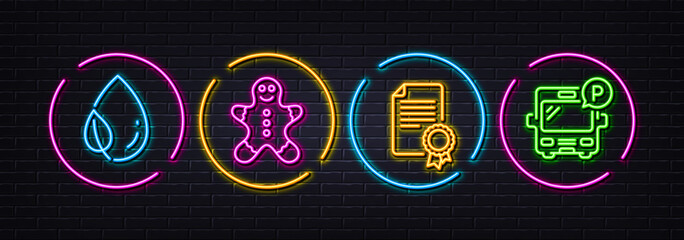 Gingerbread man, Leaf dew and Certificate minimal line icons. Neon laser 3d lights. Bus parking icons. For web, application, printing. Christmas cookie, Water drop, Diploma. Public park. Vector