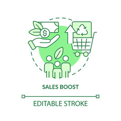 Sales boost green concept icon. Attract customer. Eco-friendly business abstract idea thin line illustration. Isolated outline drawing. Editable stroke. Arial, Myriad Pro-Bold fonts used