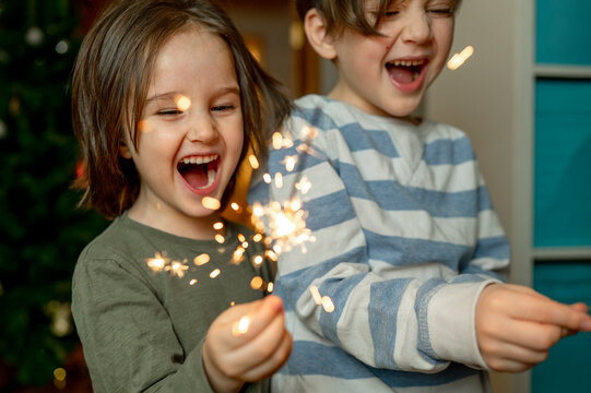 Cheerful brothers holding burning sparkler at home - Powered by Adobe