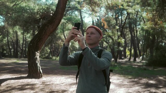 A young male tourist walks through a summer forest on a sunny day and takes pictures on a smartphone, saves his journey to memory. Digital on a hike. The beauty of the wild. High quality 4k footage