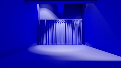 blue curtain background with minimal style and spot light. Blank stand for showing product. 3D rendering